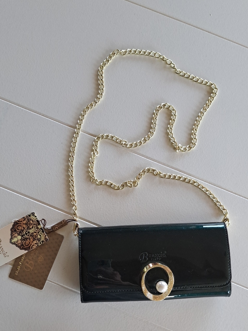 NWT Brangio Italy Rich Green Patent Pearl Chain Glam Formal Shoulder Clutch Bag